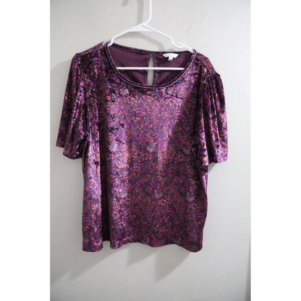 Lucky Brand Womens XL Purple Floral Velvet Puff Short Sleeve Keyhole Back Top